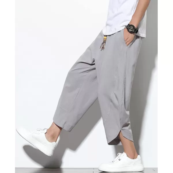 chouyatou Mens Summer Elastic Waist Loose Lightweight Baggy Ethnic Linen Beach Cropped Harem PantsLight Grey