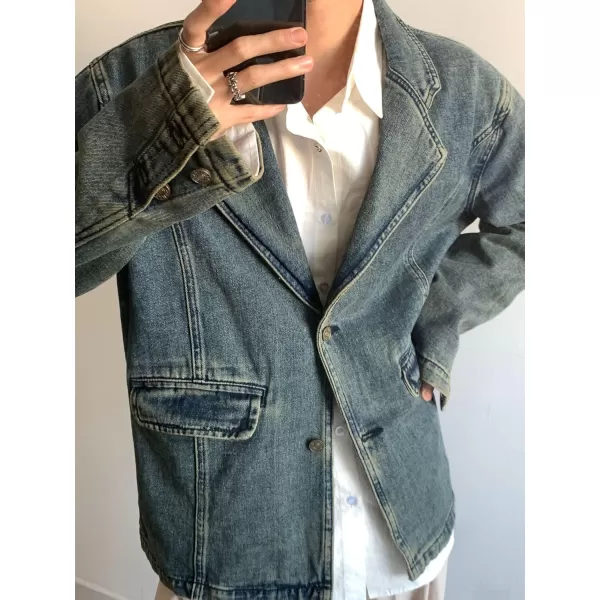 chouyatou Mens Vintage 2 Button Denim Blazer Notched Lapel Distressed Jean Suit Jacket Sport CoatBlue