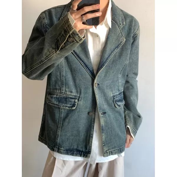 chouyatou Mens Vintage 2 Button Denim Blazer Notched Lapel Distressed Jean Suit Jacket Sport CoatBlue