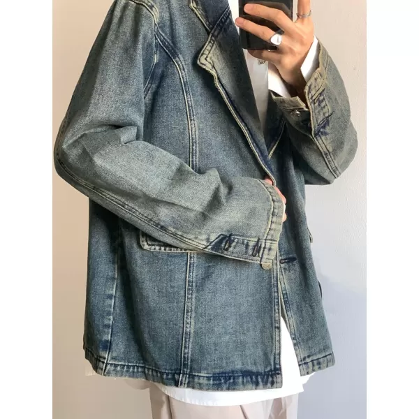 chouyatou Mens Vintage 2 Button Denim Blazer Notched Lapel Distressed Jean Suit Jacket Sport CoatBlue