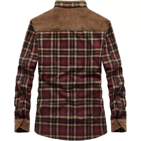 chouyatou Mens Warm Long Sleeve Fleece Lined Spliced Plaid Button Down ShirtLred