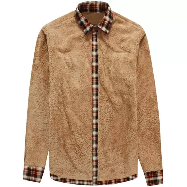 chouyatou Mens Warm Long Sleeve Fleece Lined Spliced Plaid Button Down ShirtRed