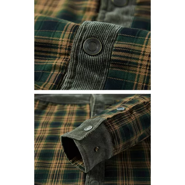 chouyatou Mens Warm Long Sleeve Fleece Lined Spliced Plaid Button Down ShirtSgreen