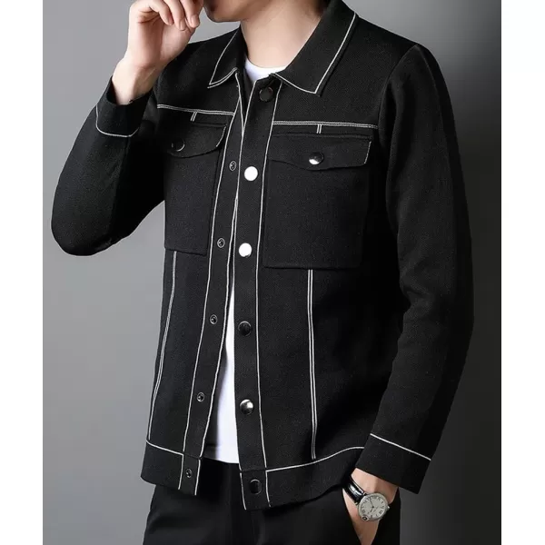 chouyatou Mens Western Knit Sweater Shacket Coat Spread Collar Long Sleeve Button Down Trucker JacketBlack