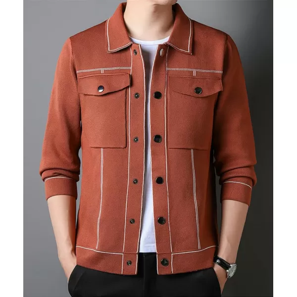 chouyatou Mens Western Knit Sweater Shacket Coat Spread Collar Long Sleeve Button Down Trucker JacketBrick Red
