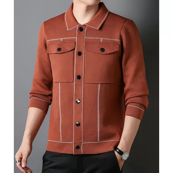 chouyatou Mens Western Knit Sweater Shacket Coat Spread Collar Long Sleeve Button Down Trucker JacketBrick Red