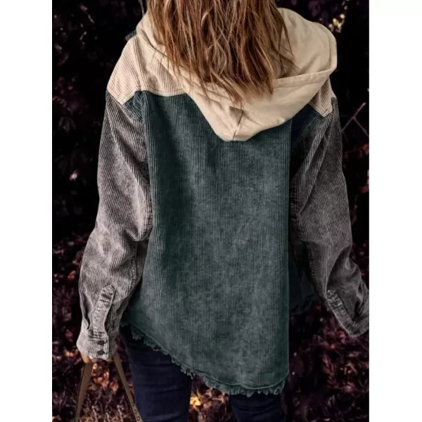 chouyatou Womens Casual Corduroy Open Front Hooded Color Block Shirts Shackets JacketBlackish Green