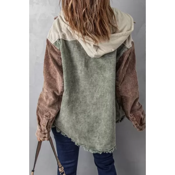chouyatou Womens Casual Corduroy Open Front Hooded Color Block Shirts Shackets JacketGreen