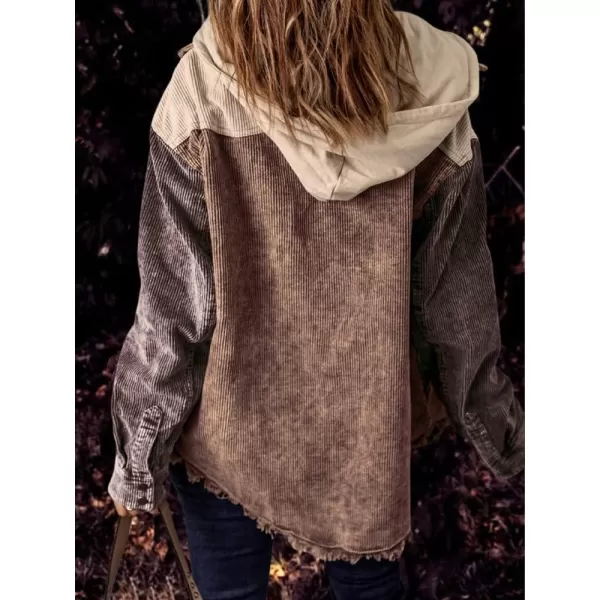 chouyatou Womens Casual Corduroy Open Front Hooded Color Block Shirts Shackets JacketKhaki