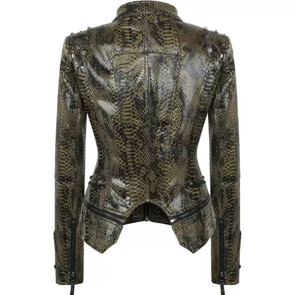 chouyatou Womens Fashion Snake Pattern Print Studded Moto Pu Leather Biker JacketArmy Green