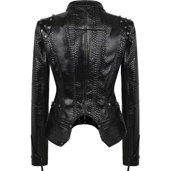 chouyatou Womens Fashion Snake Pattern Print Studded Moto Pu Leather Biker JacketBlack