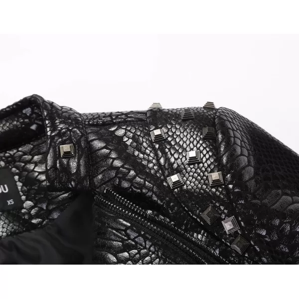 chouyatou Womens Fashion Snake Pattern Print Studded Moto Pu Leather Biker JacketBlack