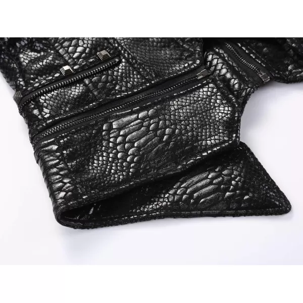chouyatou Womens Fashion Snake Pattern Print Studded Moto Pu Leather Biker JacketBlack