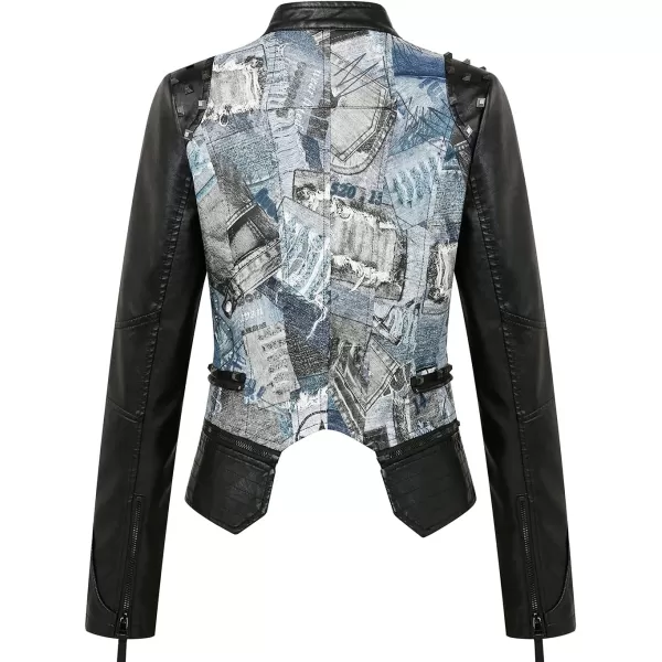 chouyatou Womens Fashion Snake Pattern Print Studded Moto Pu Leather Biker JacketContrastblue