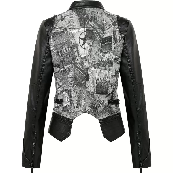 chouyatou Womens Fashion Snake Pattern Print Studded Moto Pu Leather Biker JacketContrastgrey