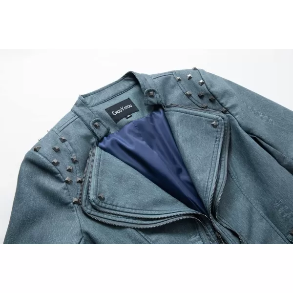 chouyatou Womens Fashion Snake Pattern Print Studded Moto Pu Leather Biker JacketDenim Blue