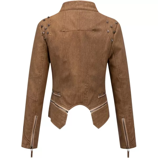 chouyatou Womens Fashion Snake Pattern Print Studded Moto Pu Leather Biker JacketDenim Brown