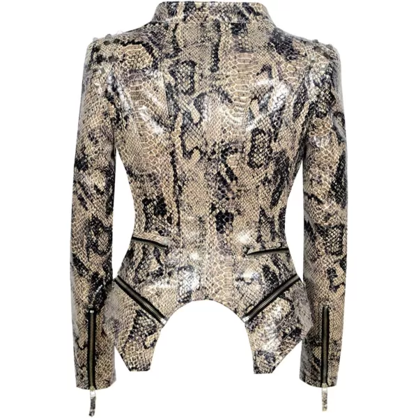 chouyatou Womens Fashion Snake Pattern Print Studded Moto Pu Leather Biker JacketSnakeskin