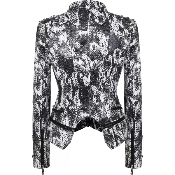 chouyatou Womens Fashion Snake Pattern Print Studded Moto Pu Leather Biker JacketWhite