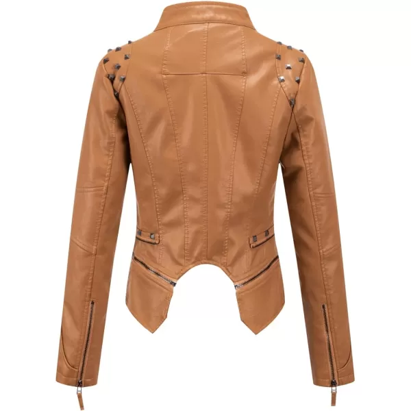 chouyatou Womens Fashion Studded Perfectly Shaping Faux Leather Biker JacketBrown