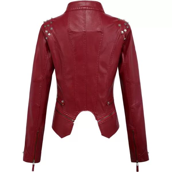 chouyatou Womens Fashion Studded Perfectly Shaping Faux Leather Biker JacketDark Red