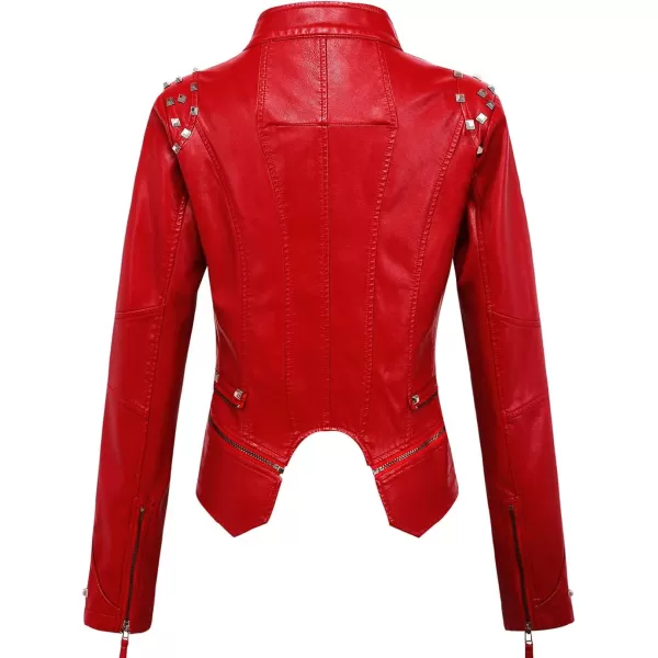 chouyatou Womens Fashion Studded Perfectly Shaping Faux Leather Biker JacketRed