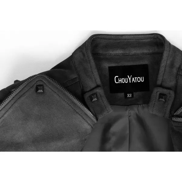 chouyatou Womens Fashion Studded Perfectly Shaping Faux Leather Biker JacketSuede Black