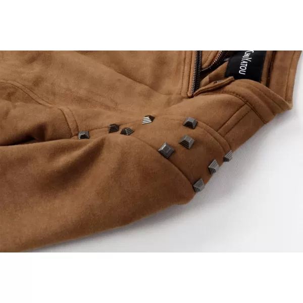 chouyatou Womens Fashion Studded Perfectly Shaping Faux Leather Biker JacketSuede Brown