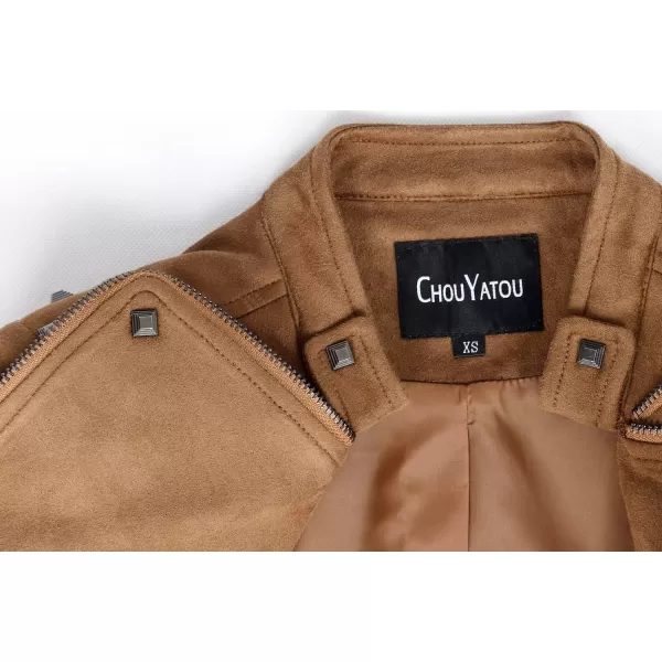 chouyatou Womens Fashion Studded Perfectly Shaping Faux Leather Biker JacketSuede Brown