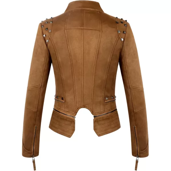 chouyatou Womens Fashion Studded Perfectly Shaping Faux Leather Biker JacketSuede Brown