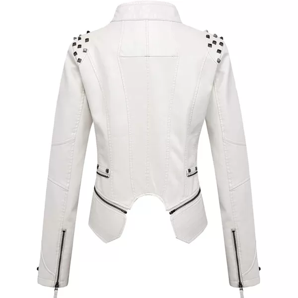 chouyatou Womens Fashion Studded Perfectly Shaping Faux Leather Biker JacketWhite