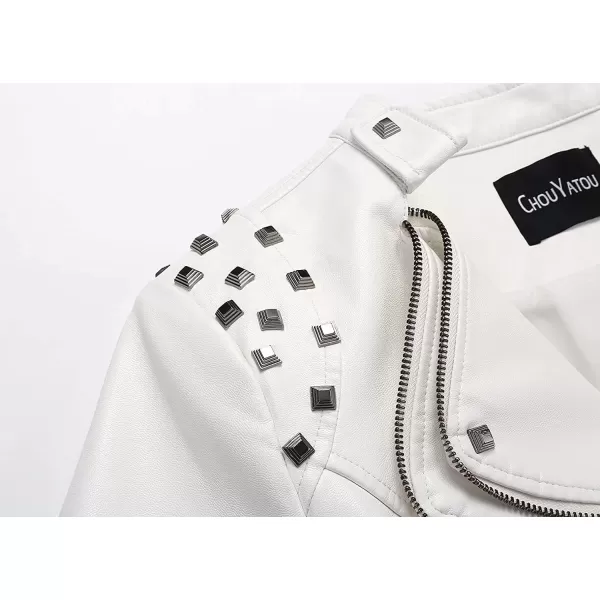 chouyatou Womens Fashion Studded Perfectly Shaping Faux Leather Biker JacketWhite