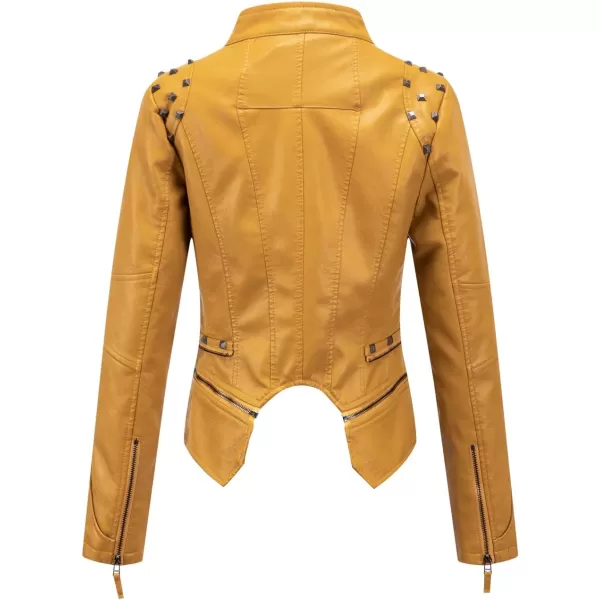 chouyatou Womens Fashion Studded Perfectly Shaping Faux Leather Biker JacketYellow