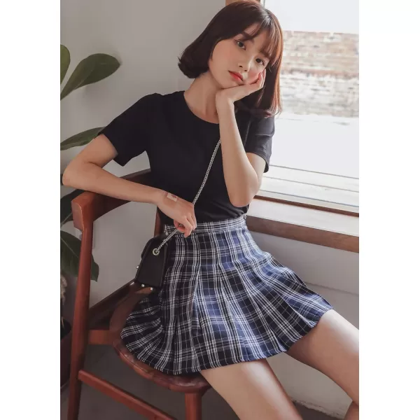 chouyatou Womens Simple High Waist All Around Pleated ALine SkirtPlaidnavy