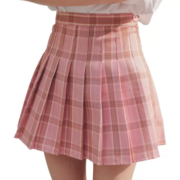 chouyatou Womens Simple High Waist All Around Pleated ALine SkirtPlaidpink