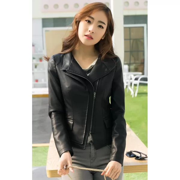 chouyatou Womens Stylish Oblique Zip Slim Faux Leather Biker Outerwear JacketBlack
