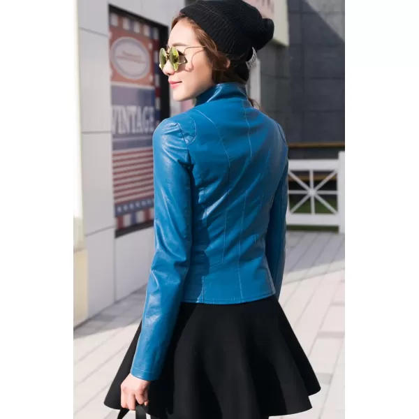 chouyatou Womens Stylish Oblique Zip Slim Faux Leather Biker Outerwear JacketBlue