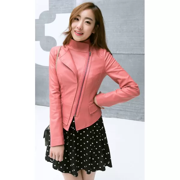 chouyatou Womens Stylish Oblique Zip Slim Faux Leather Biker Outerwear JacketPink
