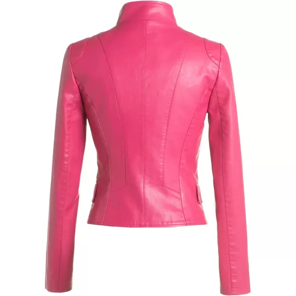 chouyatou Womens Stylish Oblique Zip Slim Faux Leather Biker Outerwear JacketRose