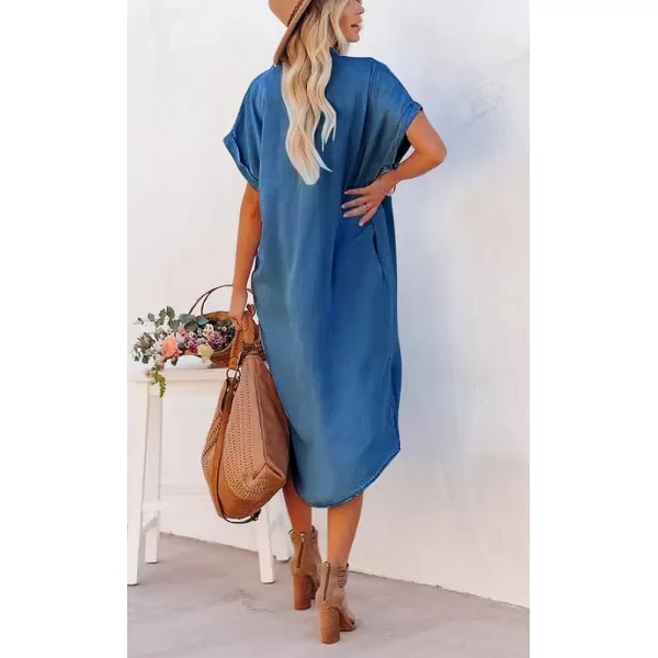 chouyatou Womens Summer Loose Hand Pocket Midi Long Tunic Denim Shirt DressDark Blue
