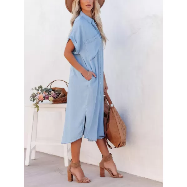 chouyatou Womens Summer Loose Hand Pocket Midi Long Tunic Denim Shirt DressLight Blue