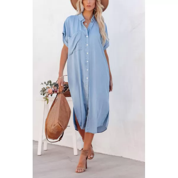 chouyatou Womens Summer Loose Hand Pocket Midi Long Tunic Denim Shirt DressLight Blue