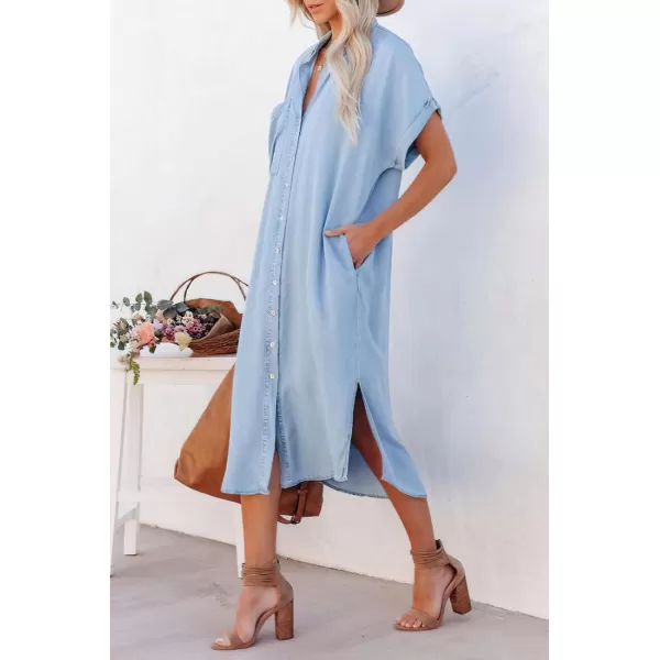 chouyatou Womens Summer Loose Hand Pocket Midi Long Tunic Denim Shirt DressLight Blue