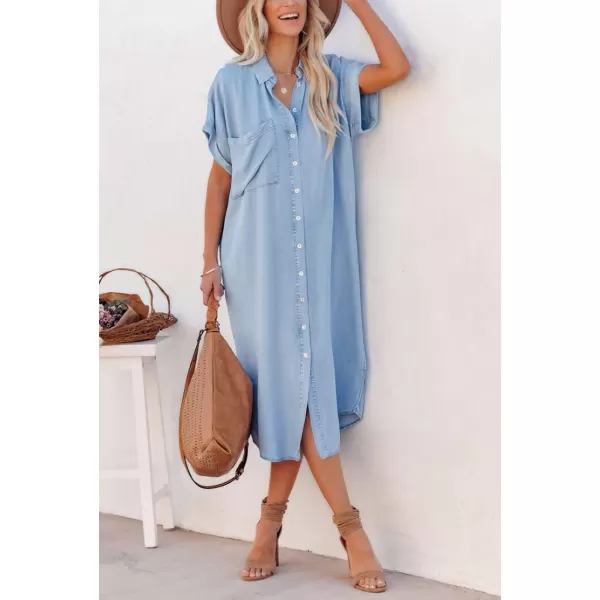 chouyatou Womens Summer Loose Hand Pocket Midi Long Tunic Denim Shirt DressLight Blue
