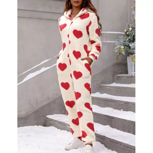 chouyatou Womens Sweet Heart Pattern Furry Sherpa Romper Ultra Soft Onesie Pajamas Jumpsuit Pants with HoodRed