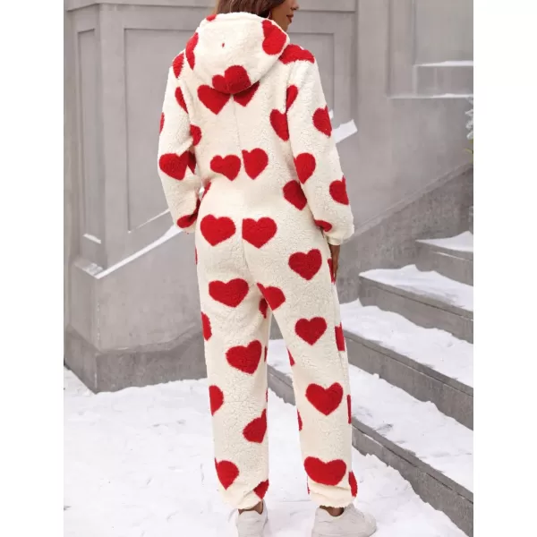chouyatou Womens Sweet Heart Pattern Furry Sherpa Romper Ultra Soft Onesie Pajamas Jumpsuit Pants with HoodRed