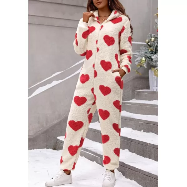 chouyatou Womens Sweet Heart Pattern Furry Sherpa Romper Ultra Soft Onesie Pajamas Jumpsuit Pants with HoodRed