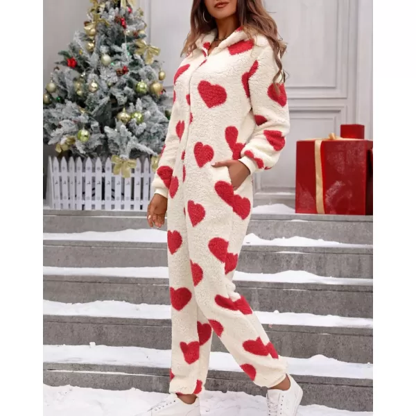 chouyatou Womens Sweet Heart Pattern Furry Sherpa Romper Ultra Soft Onesie Pajamas Jumpsuit Pants with HoodRed