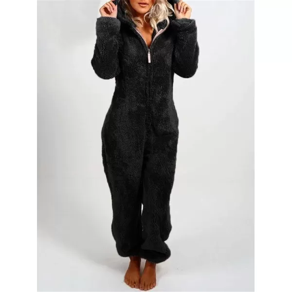 chouyatou Womens Ultra Comfy Lounge Furry Sherpa Romper Onesie Pajamas Cute Ear HoodBlack