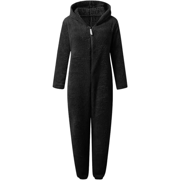 chouyatou Womens Ultra Comfy Lounge Furry Sherpa Romper Onesie Pajamas Cute Ear HoodBlack